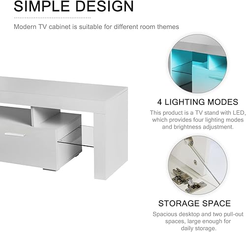 Miniatura 2 de Nrizc Soporte de TV LED blanco para TV de 75 pulgadas, centro de entretenimiento de alto brillo con cajón de almacenamiento, mesa consola para sala