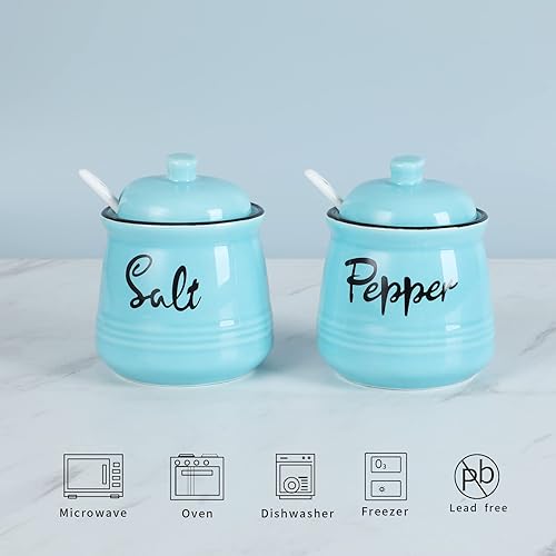 Miniatura 3 de HAOTOP Juego de cuencos de cerámica para sal y pimienta de granja de 12 onzas con tapa y cucharas, fáciles de limpiar (turquesa)