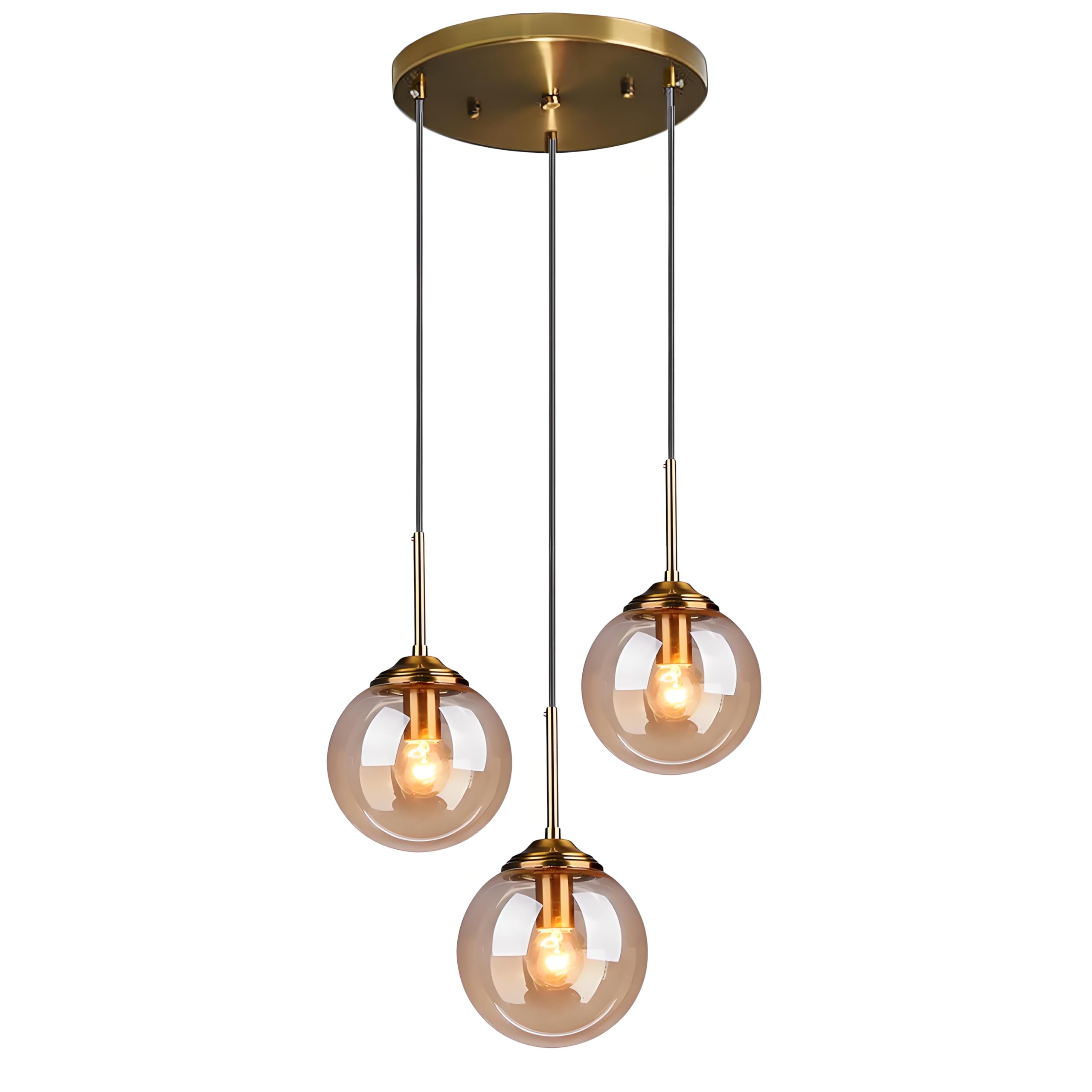 XIRYTU-H Industrial Vintage 3 Way Pendant Light with Brass Metal Finish,Adjustable Dining Room Lights Ceiling Over Table,3-in-1 Glass Ball Hanging Lamp for Kitchen Island Loft Bar (Amber, Spiral)