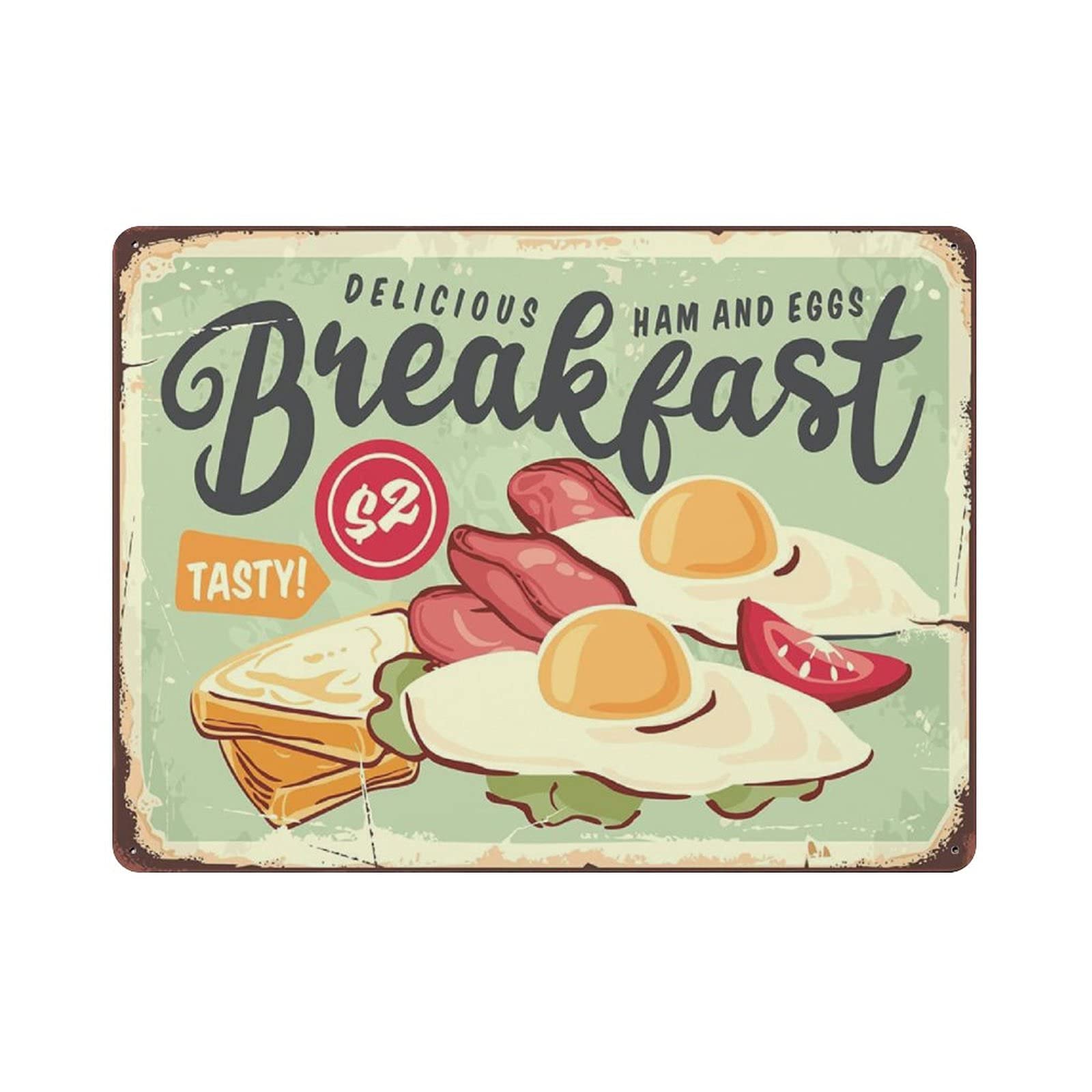 Metal Tin Sign Breakfast Ham Eggs And Toast Vintage Tin Poster Metal Sign Wall Decoration Country Kitchen Home Garage Decor 12"x16"