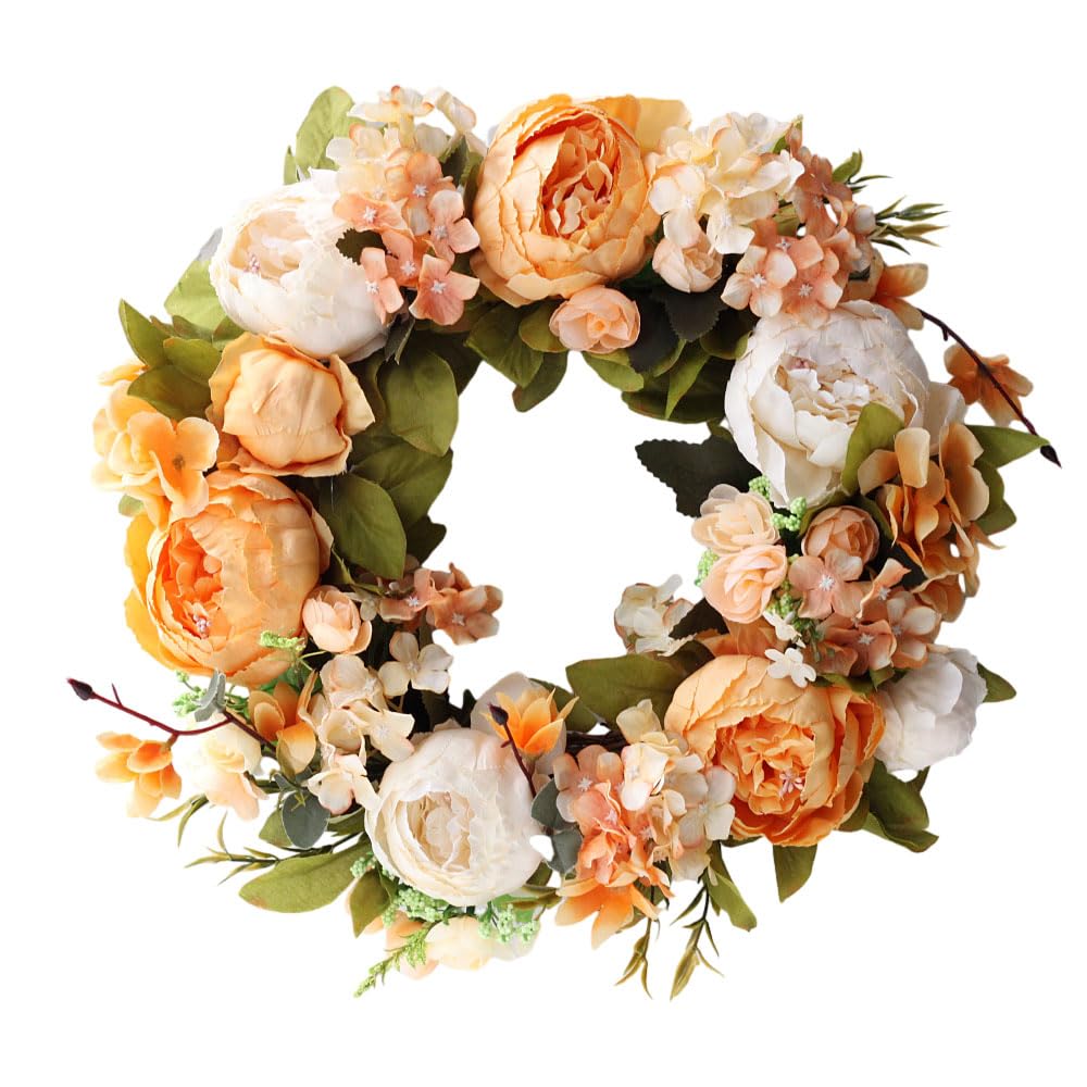 Couronne florale de pivoine artificielle en soie - 35 cm - Décoration de porte orange - Pour printemps, été, automne, hiver - Grande couronne pour porte d'entrée extérieure, intérieur, mariage,