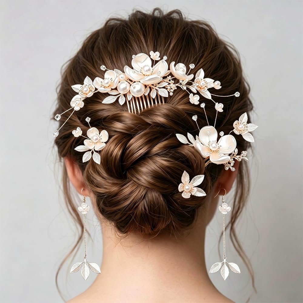Ouliget Wedding Bridal Pearl Flowers Hair Pins Clips Set with Earrings, Vintage White Gold Hair Headpiece Jewelry for Bridesmaids Brides Flower Girls Hair Accessorie 6 Pieces image 2