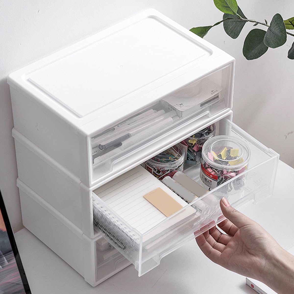 Organizador de Escritorio Cajones de Plástico PP, Diseño de Tres Capas Apilables, Gran Capacidad para Fotos y Cosméticos, Adecuado para Oficina y Hogar