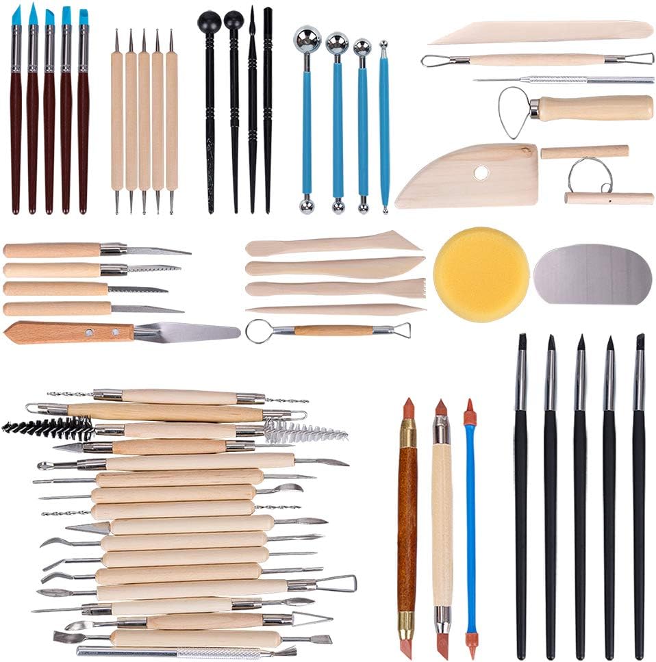 Tonsiki 61 Pieces Ceramic Clay Tools Set, Modeling Pottery Clay Sculpting Tools Kits for Beginners Professional Art Crafts, Wood and Steel, Schools and Home Safe for Kids