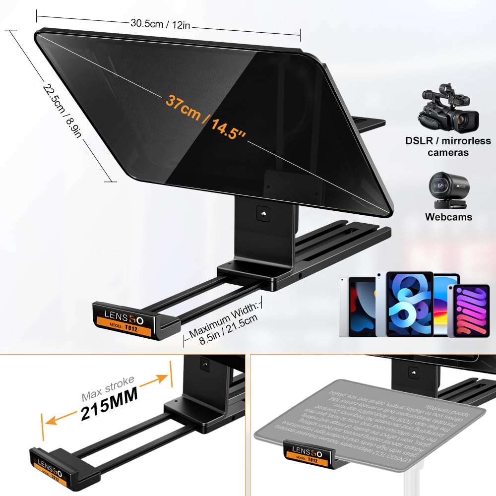 LENSGO TC12 Teleprompter per fotocamera e tablet DSLR/mirrorless fino a 12,9" | Teleprompter professionale per registrazioni video, vlogging, live streaming.