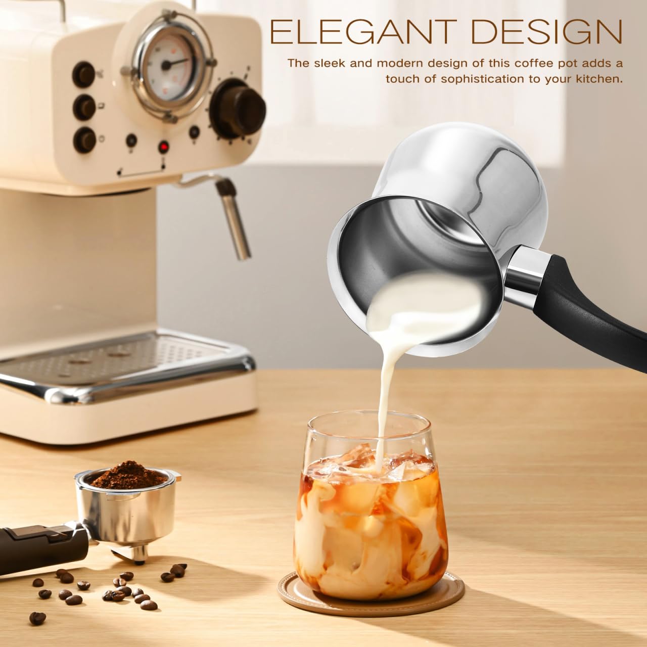 ULTECHNOVO türkische kaffeekanne mit deckel 360ml, türkischer kaffeekocher aus edelstahl, Cezve Mokka kaffeekännchen edelstahl mit ergonomischem Griff, milchtopf mit ausgießer für Herd, Silber