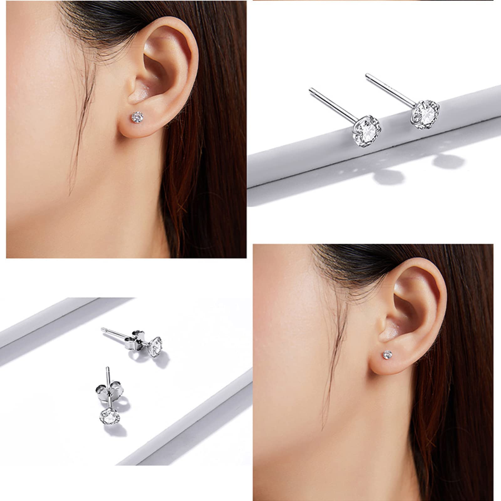 RWRAPS Orecchini per Ragazza 3 Paia di Orecchini a Bottone Set Orecchini in Pietra Argento Sterling 925 Orecchini Minimalisti alla Moda Abbagliante Orecchini a Bottone Diametro 4mm 5mm 6mm