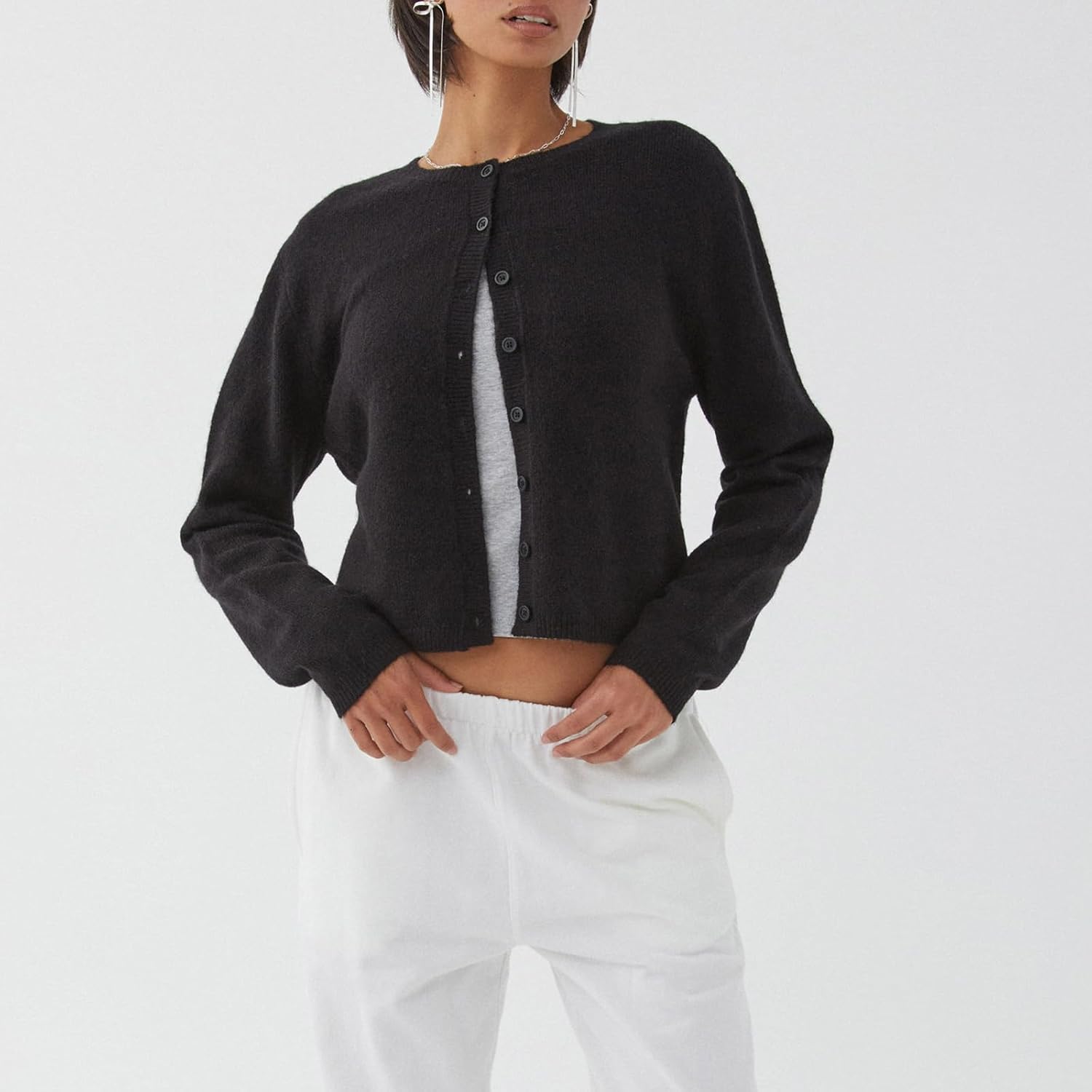 RUEWEY Women's Y2k Crop Cardigan Sweater Button Down Long Sleeve Lightweight Knit Crew Neck Cardigan Tops - Image 3