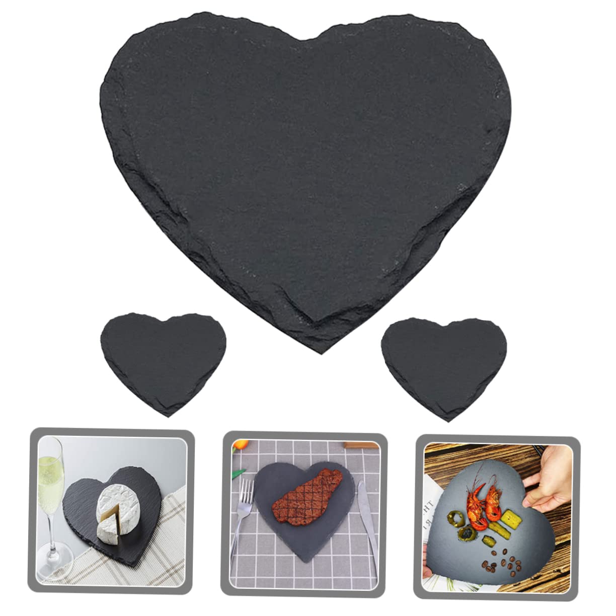 BESTYASH Piatto a Forma di Cuore in Ardesia Nera 3 Pezzi per Casa