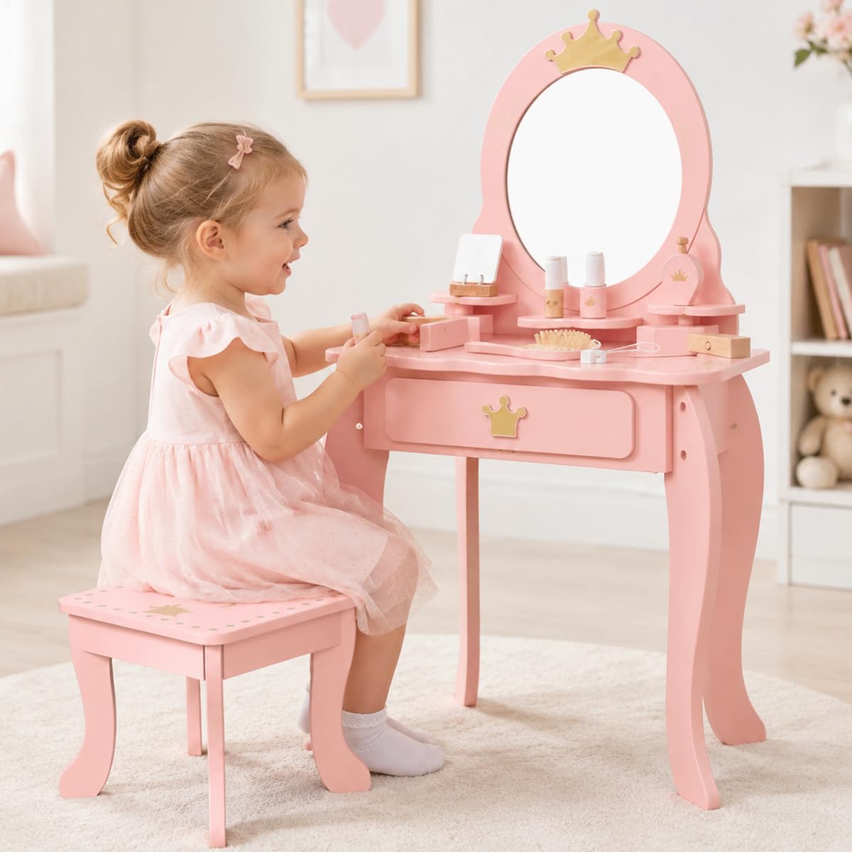 pink dressing table with mirror and stool Beautiful Pink Finish Vanity Dresser with Mirror and Stool Set Storage  Drawers Bedroom Furniture 1pc - Bed Bath & Beyond