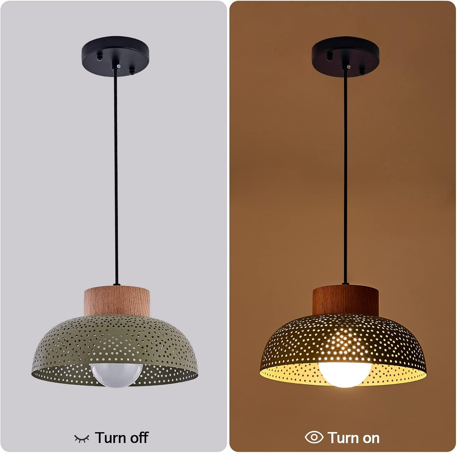 Contemporary Pendant Light,Wood Accent,Dome Metal Shade with Perforated Pattern,Green Pendant Lighting Fixture for Kitchen Island,Dining Room,Living Room - - 
