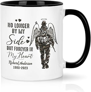 Memorial Mug, Hunting Pattern Silhouette With Wings No Longer By Side But Forever In Heart, Gifts For Loss Of Dad Father Men, Black Ceramic 11 15oz Coffee Cup, Funeral Gifts