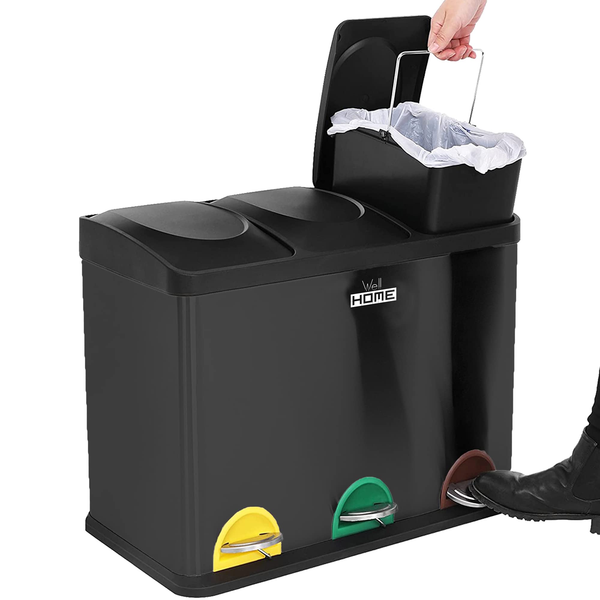 Cubo de reciclaje ecológico 45 litros de 3 compartimentos, reciclaje de basura / cubos de reciclaje, Gran Capacidad, para Papel, Vidrio y Plástico, Id