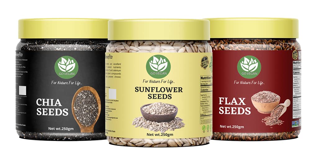 Go Vegan Edible Seeds Combo - 750gm | Pack of Raw Flax 250g, Chia 250g, Sunflower 250g (B0924Y98Q4) Amazon Price History, Amazon Price Tracker