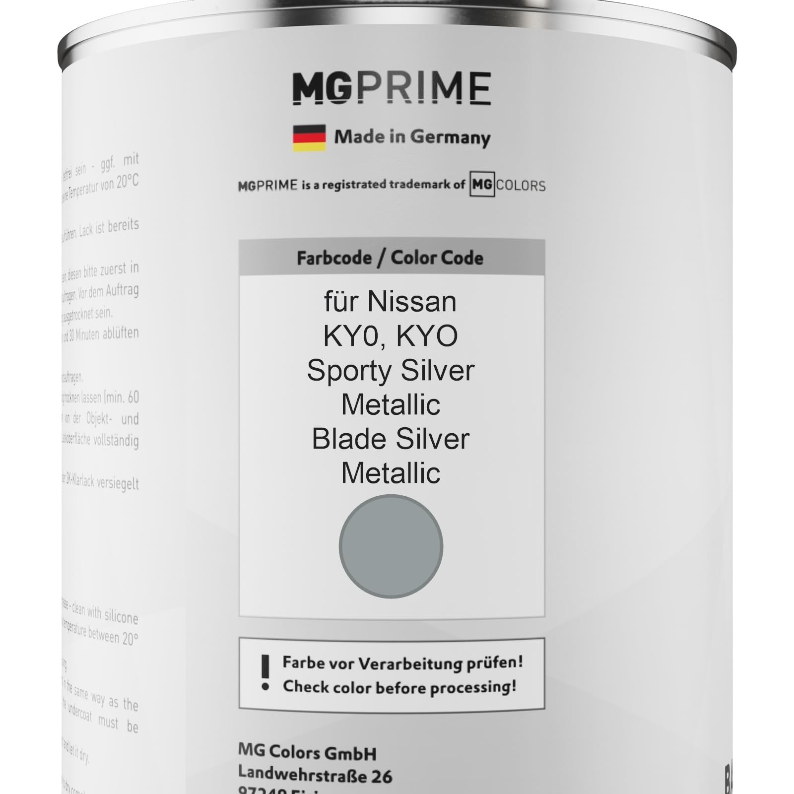MG PRIME Pintura automotriz Set de botes para Nissan KY0 / KYO Sporty Silver Metallic/Blade Silver Metallic Pintura base 2 componentes pintura transparente 2,5 l