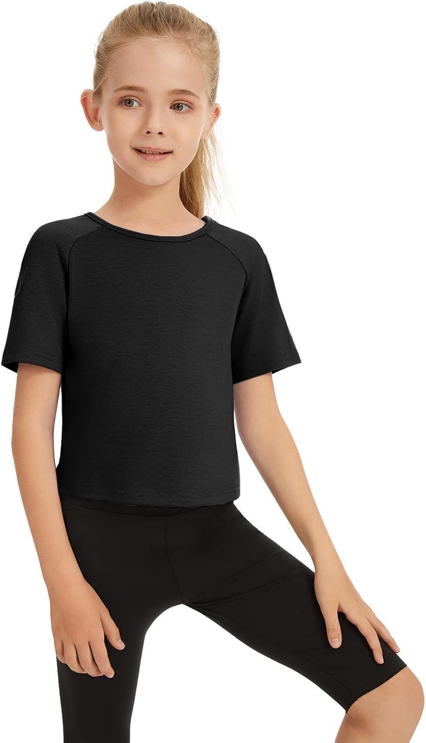 Girls Summer Workout Crop Tops Cropped Split Back Athletic Gym Exercise Short Sleeve Basic T Shirts 3-14 Years
