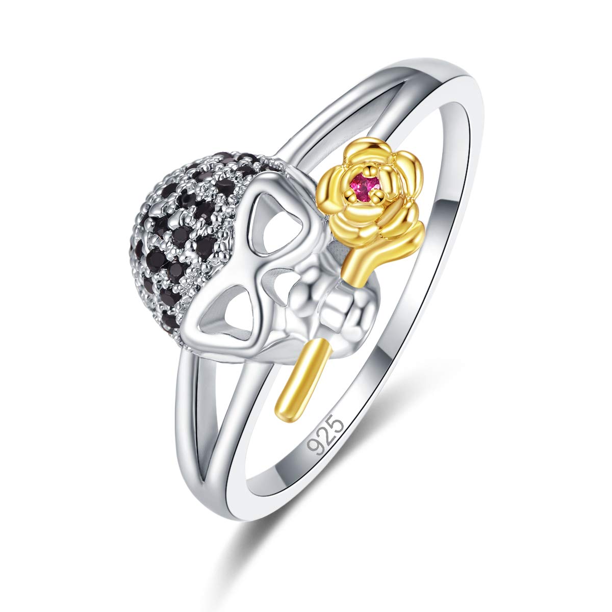 Emsione 925 Sterling Silver Plated Skull with Rose Flower Cubic Zirconia Eternity Ring Anniversary Wedding Engagement Band Size 7 Color Red