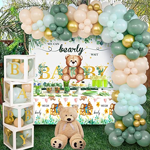 Winrayk 183Pcs Teddy Bear Baby Shower Decorations Baby Box With Letters (A-Z+Baby) Sage Green Balloons Garland We Can Bearly Wait Backdrop Tablecloth Boy Or Girl Gender Reveal Birthday Party Supplies #TOP7