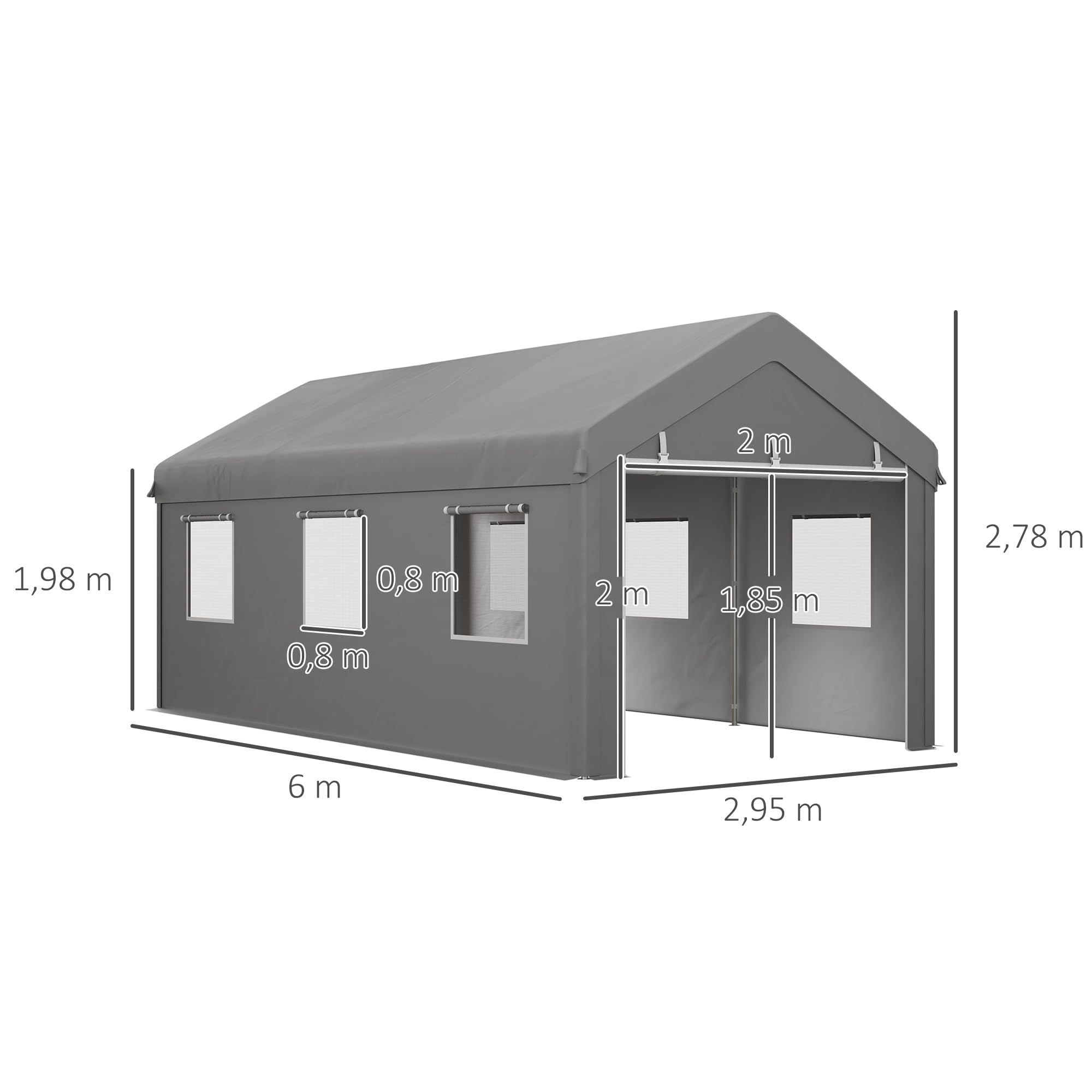 Outsunny Tente Garage carport dim. 6L x 2,95l x 2,78H m Acier galvanisé Robuste PE Haute densité 160 g/m² imperméable Anti-UV, 2 Portes enroulables et 6 fenêtres