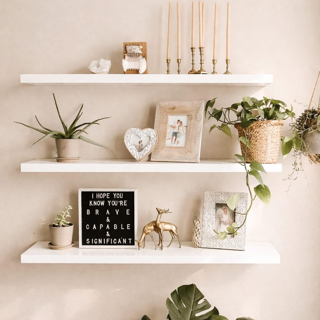 Kassar wall Mounted Floating Shelves Set Three White Wooden Display Rack 16x5 inch Storage Organizer Home Decor Space Saving Shelves (White)-image-8