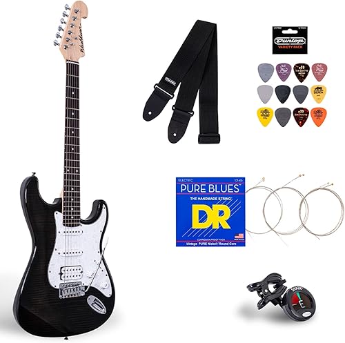 Washburn Sonamaster - Paquete de guitarra eléctrica en negro transparente con parte superior de chapa de arce y pastillas H-S-S, incluye correa,