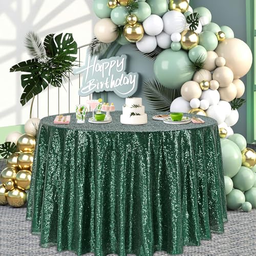 Image of B-COOL Round Sequin Tablecloth Party Decor: 120 Inch Table Cloth Emerald Green Glitter Fabric Overlay for Indoor Outdoor Dining Parties Home St. Patrick's Day