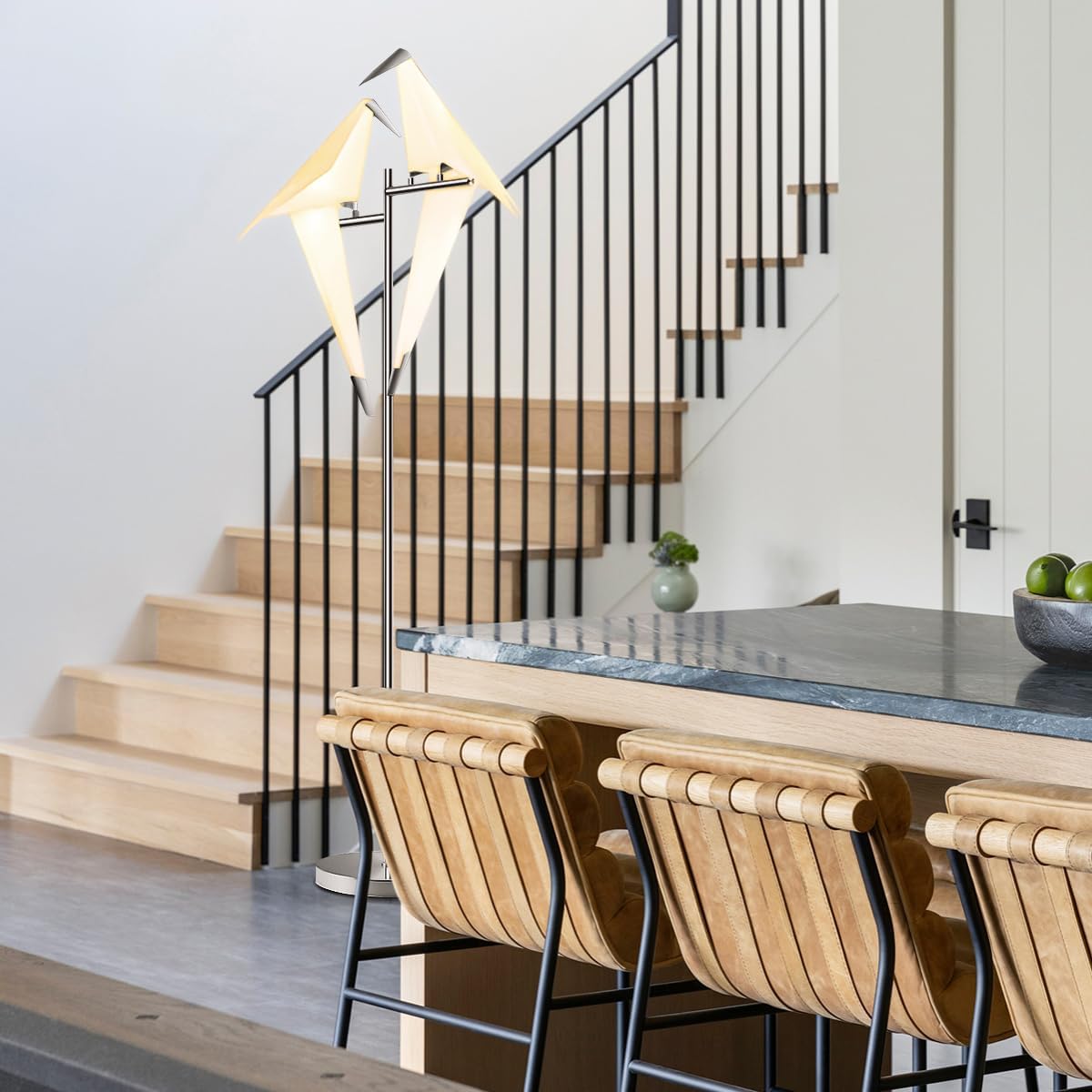 MORE CHANGE 69" Modern Origami Crane Bird Floor Lamp, Sliver Metal Paper Crane LED Standing Light Origami Swing Bird PP Lampshade Lighting Fixtures for Bedroom Dinning Room