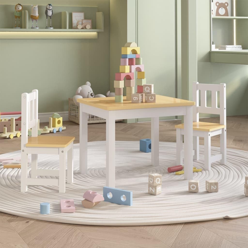 3-teilig Kinder-Sitzgruppe Weiß Beige aus MDF Tisch 60 x 50 x 48 cm mit 2 Stühlen 25 x 25 x 55 cm für Kindergarten Schule zum Malen Basteln Spielen