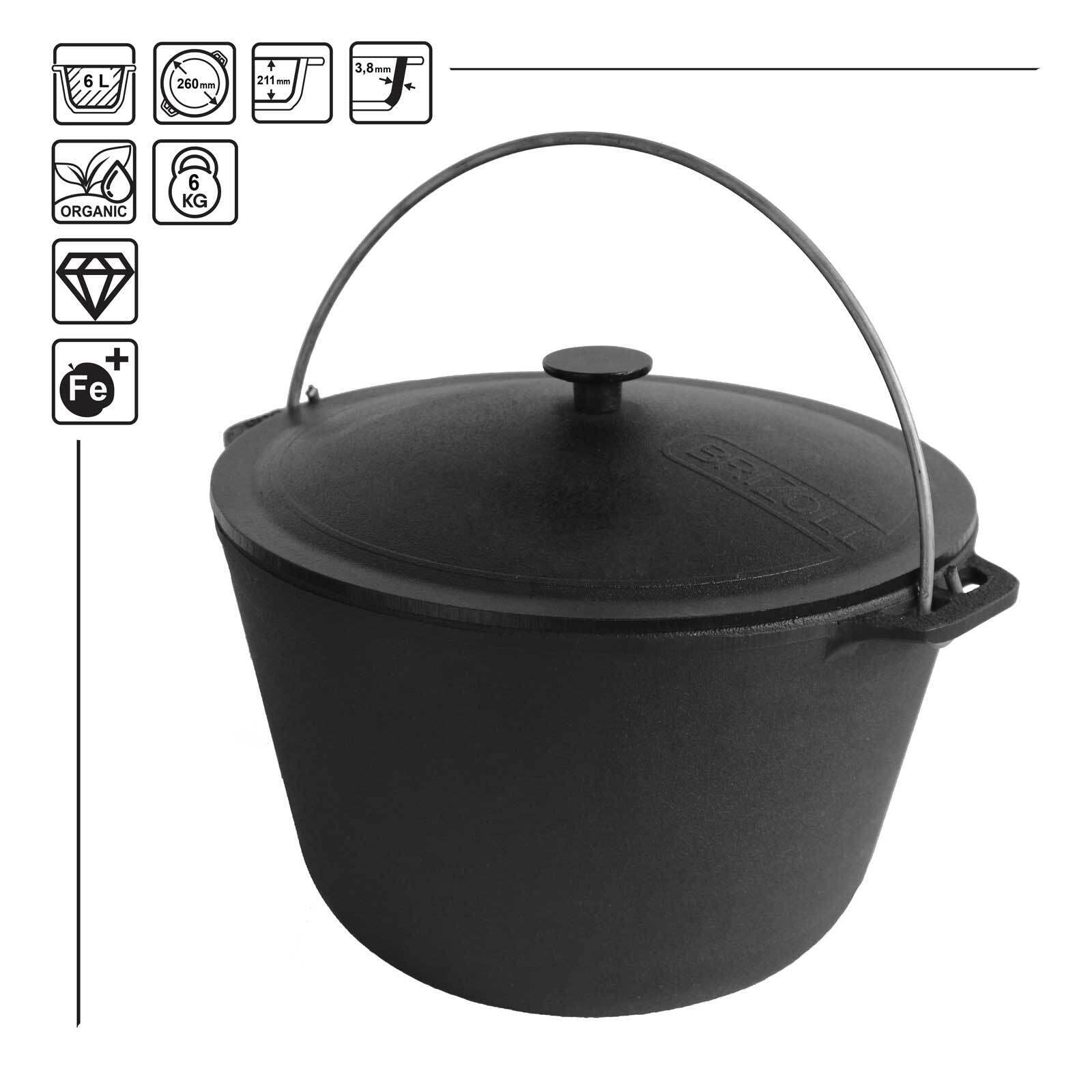 4BIG.fun Kazan de hierro fundido 6 L | Cacerola Kasan de camping Tapa de hierro fundido | Asia Wok Olla para cocinas de inducción, cocina, grill, camping, jardín, barbacoa