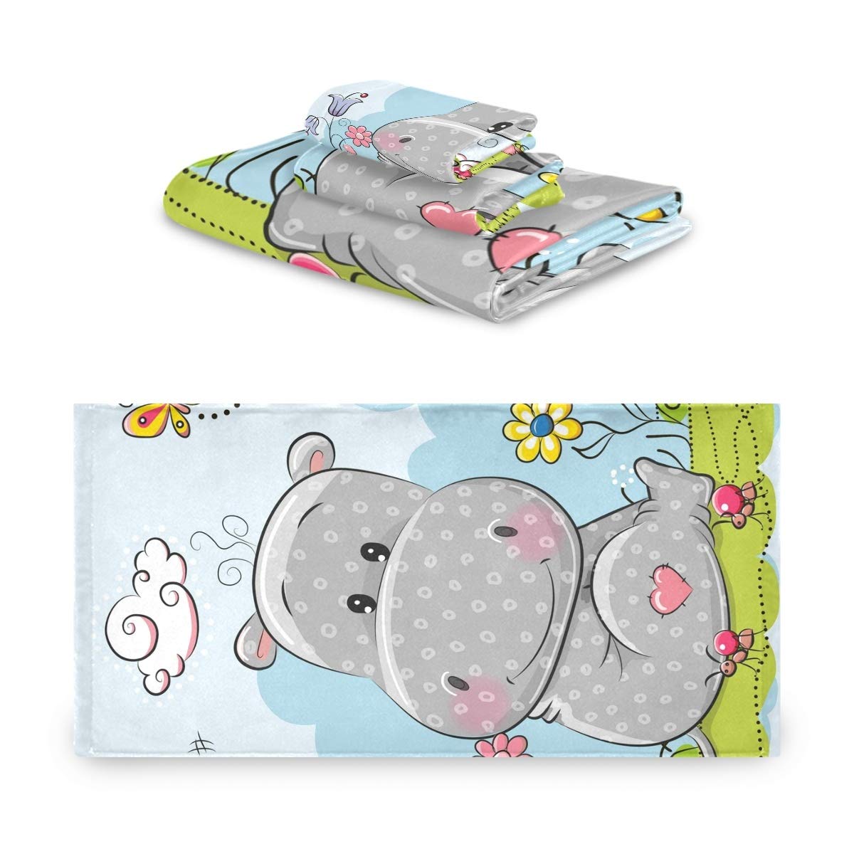 MNSRUU Juego de toallas de hipopótamo de dibujos animados para mujeres y niñas, toallas de baño, toallas de mano y paños de baño, accesorios absorbentes de baño