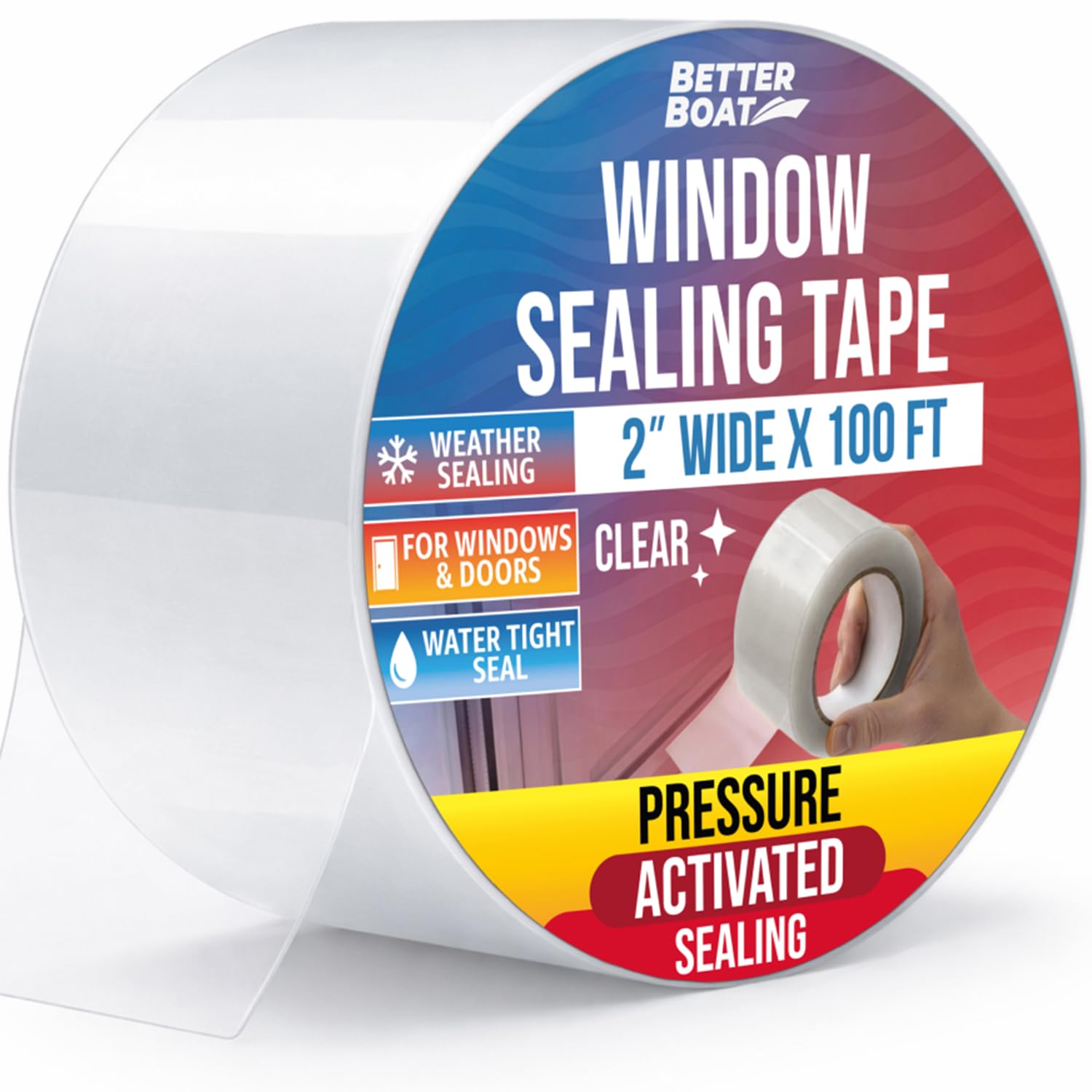 Fensterdichtungsband, transparent, 5,1 cm x 30,4 m, Wetterdichtung für Fenster, Türen und Wechselstromgeräte, wasserdicht, UV-beständig, beschädigungsfreie Entfernung Better Boat