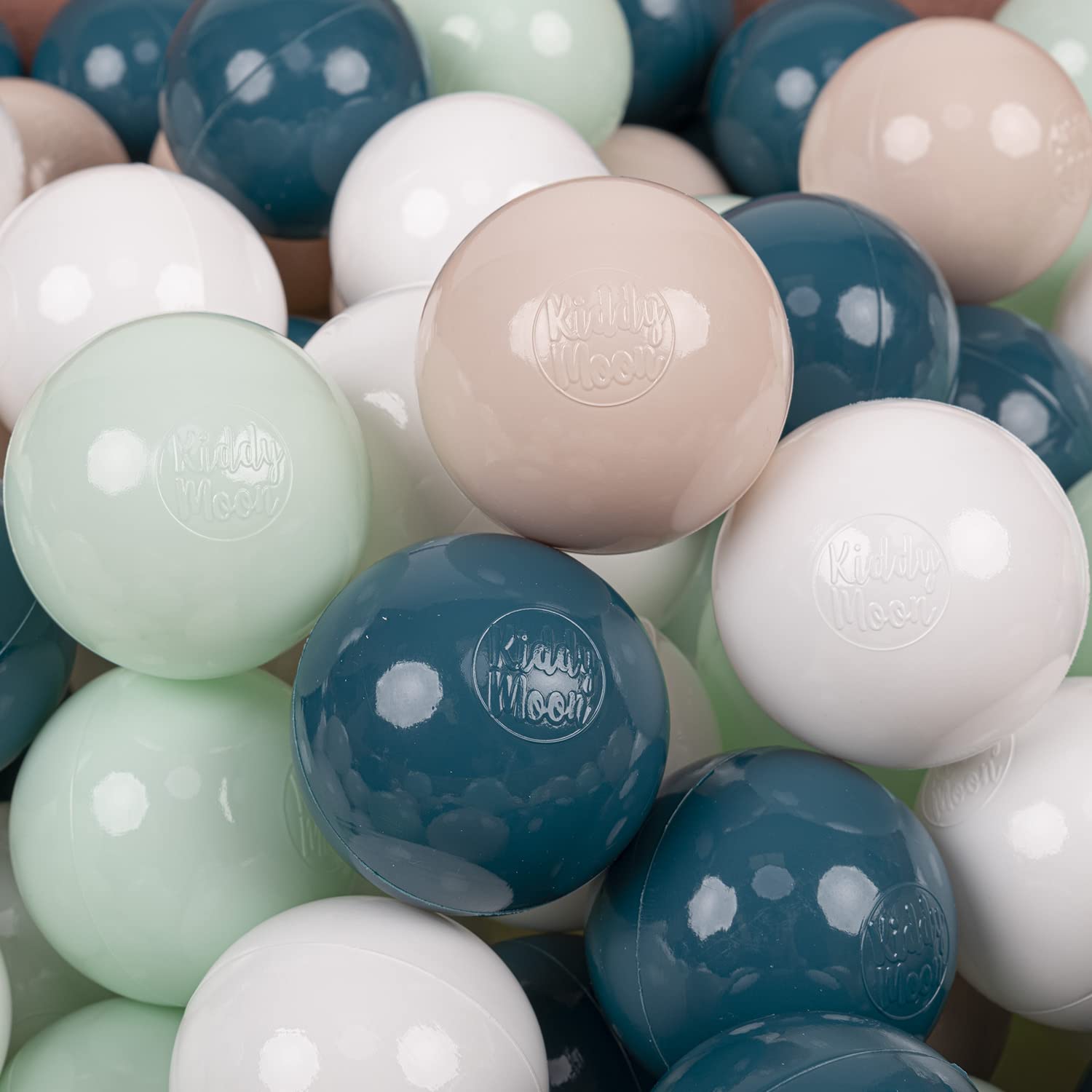 KiddyMoon Soft Plastic Play Balls 300 Balls/7Cm-2.75In Multi-Colour Made In EU, Dark Turquoise/Pastel Beige/White/Mint