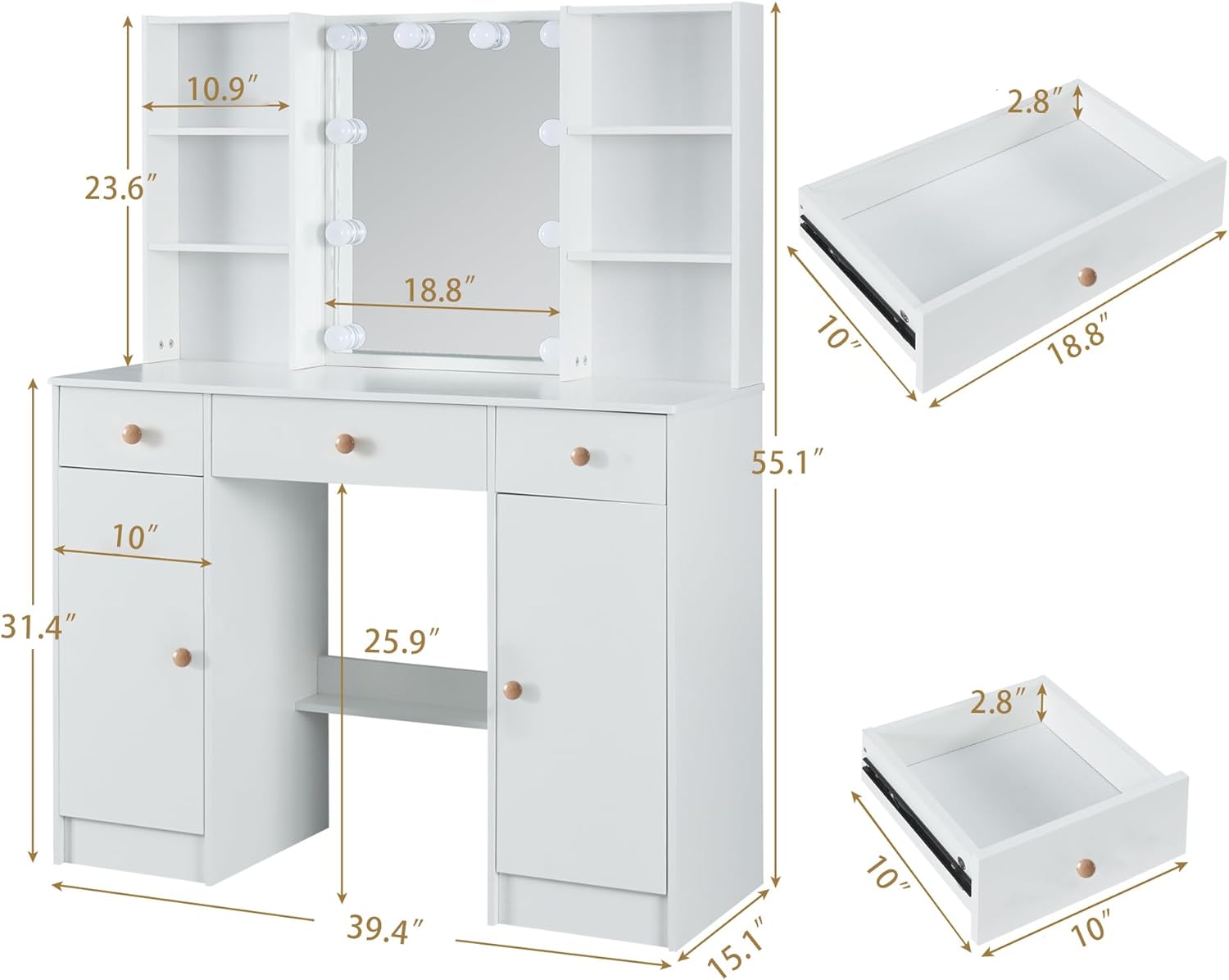 White Dressing Table with Mirror Lighted, 3 Drawers and Open Shelves, Makeup Vanity with Large Mirror and 3 Lighting Colors, 10 Brightness, Vanity for Bedroom & Dressing Room