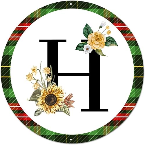 Miniatura 6 de Letrero de bienvenida frontal para puerta monograma de inicial corona en O letrero redondo de hojalata del alfabeto girasol mariposa búfalo