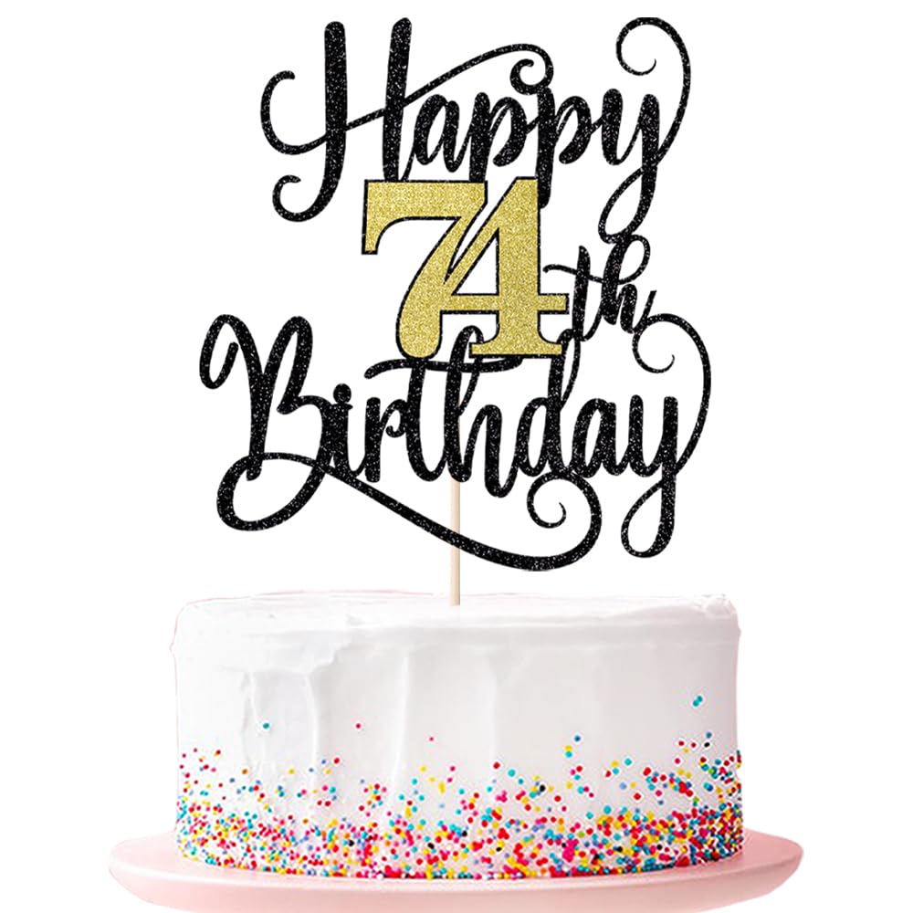 happy 74th birthday cake topperοΌ 74 birthday party cake decorations (Black and gold flashes, 74th)