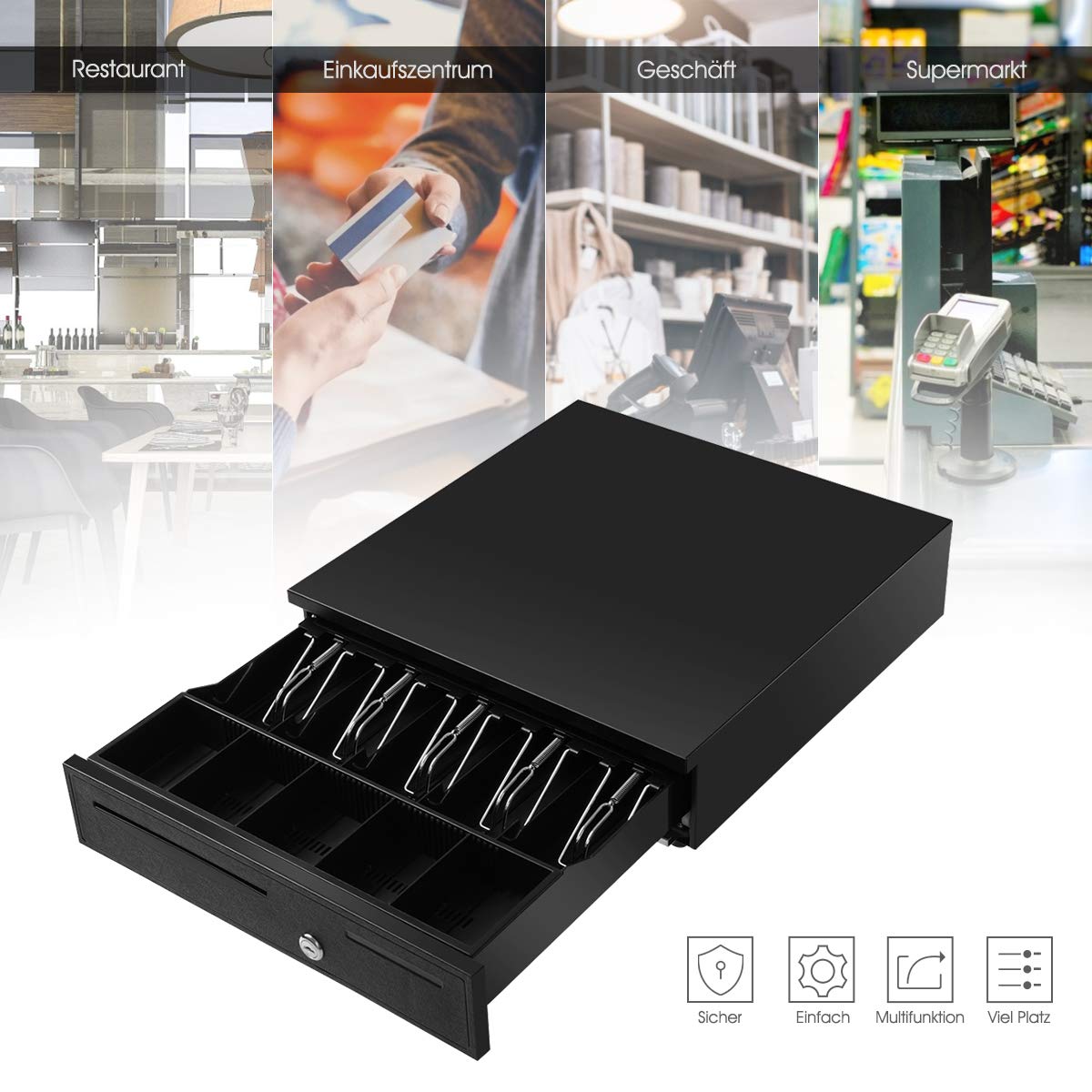 DREAMADE Kassenschublade mit Elektrisch/Manuell Öffnen, Geldschublade Geldkassette, Cash Drawer mit 5 Fächer verstellbar, Geldzählkassette Münzeinsatz Kassenlade, Schwarz
