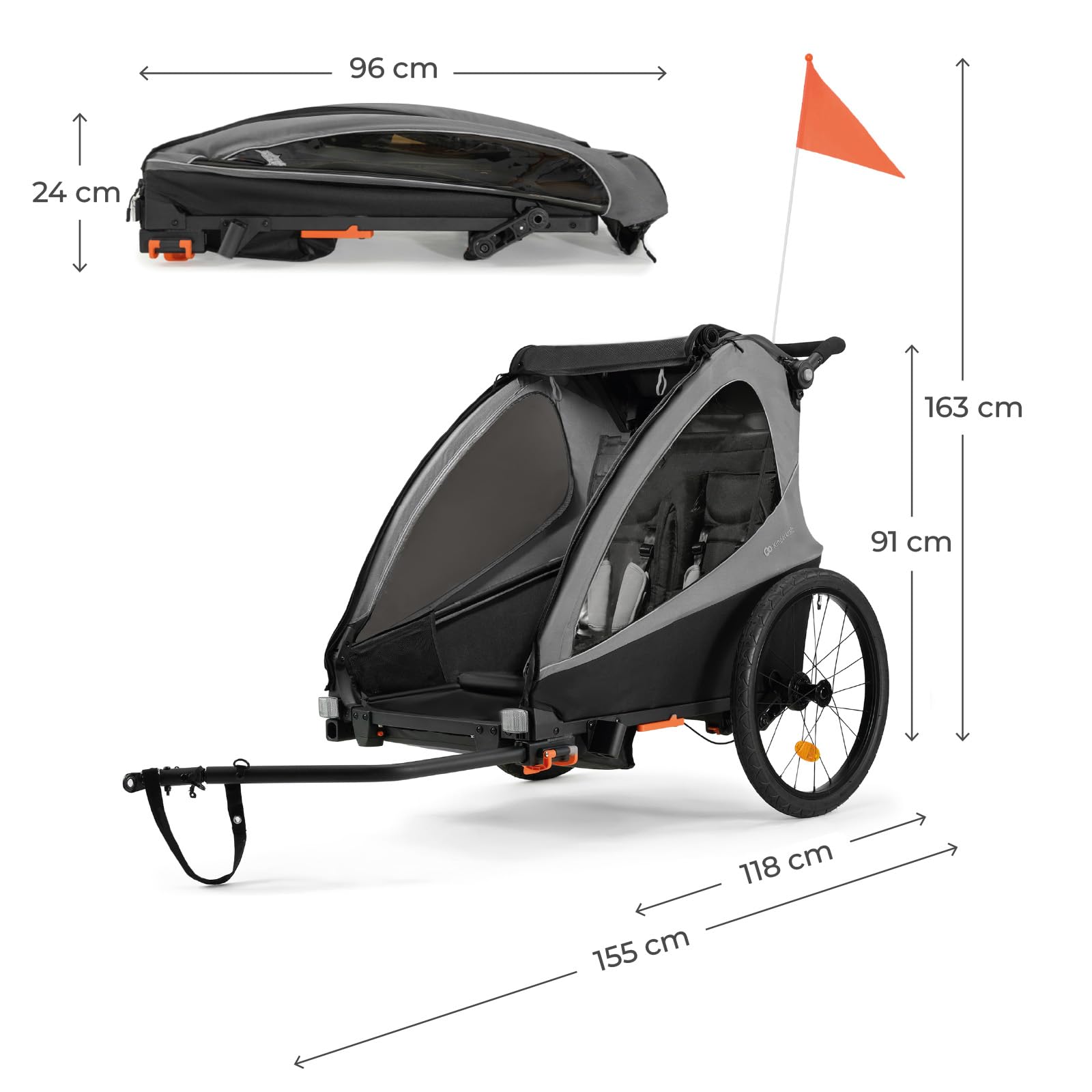 Kinderkraft NAVA Walk 2-in-1 Fahrradanhänger und Buggy für 2 Kinder, aufpumpbare Räder, verstellbare Federung, 9-Fach Verstellbarer Schiebegriff, UV-Schutz, Moskitonetz, wasserdicht, Grau