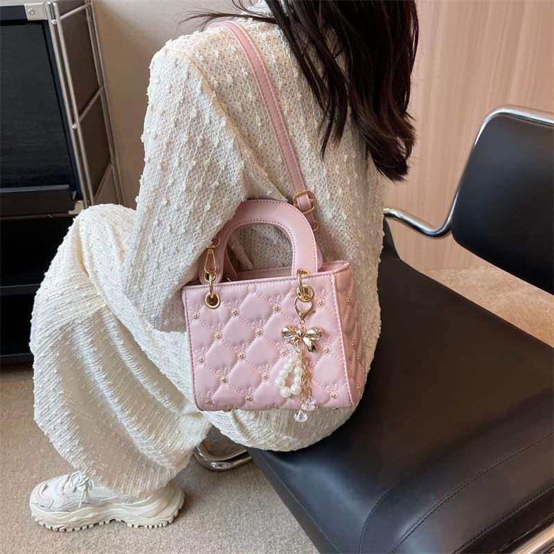 Women's Quilted Handbag, Pink, Casual Chic Shoulder Bag with Pearl Bow Charm, Crossbody Purse
