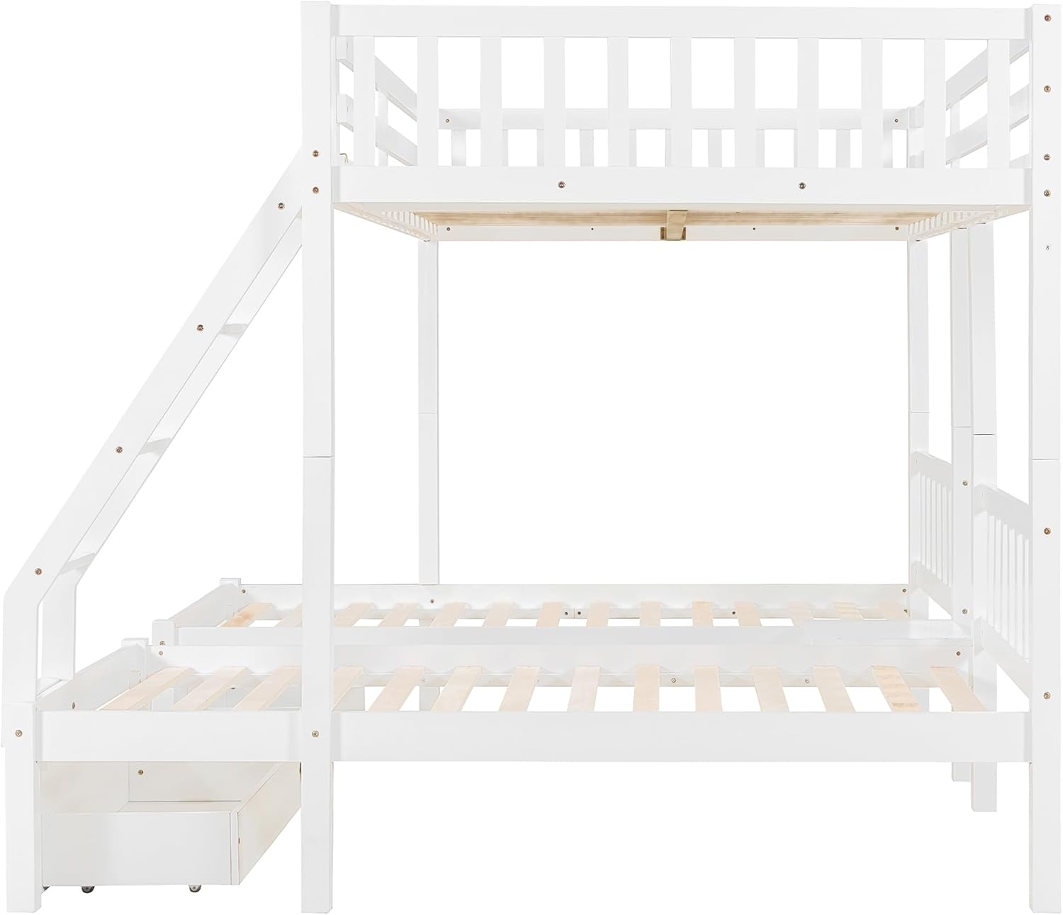 Merax Full Over Twin & Twin Bunk Bed for 3, Wooden Triple Bunk Bed with 2 Storage Drawers, Ladder and Guardrails, No Box Spring Needed, White