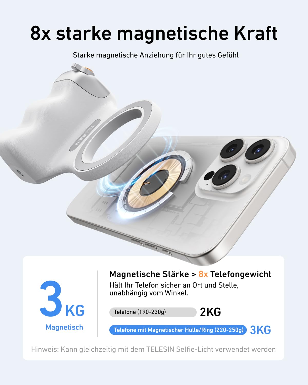 TELESIN Fun Shot Smartphone Handle Grip + TELESIN C03 Magnetische Selfie-Licht (Silber) Set, Kompatibel mit iPhone und Android, Creator Kit für Selfies/Fotografie/TikTok/Zoom-Anrufe/Video