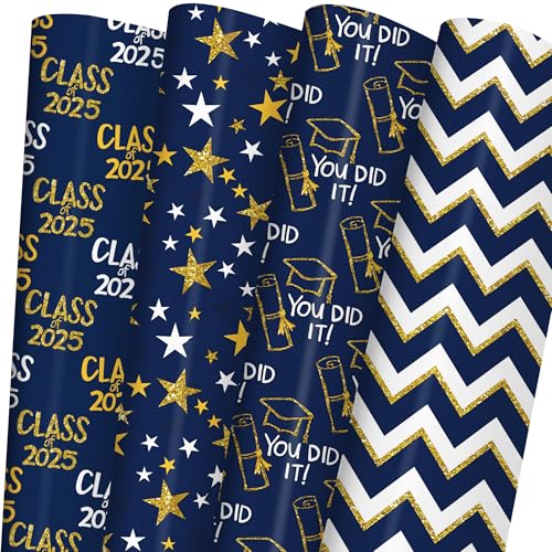 RiukRaiu Graduation Wrapping Paper 2025 - Blue Gold Trencher Cap,Striped,Star Gift Wrap for Praty Present Packing Celebration