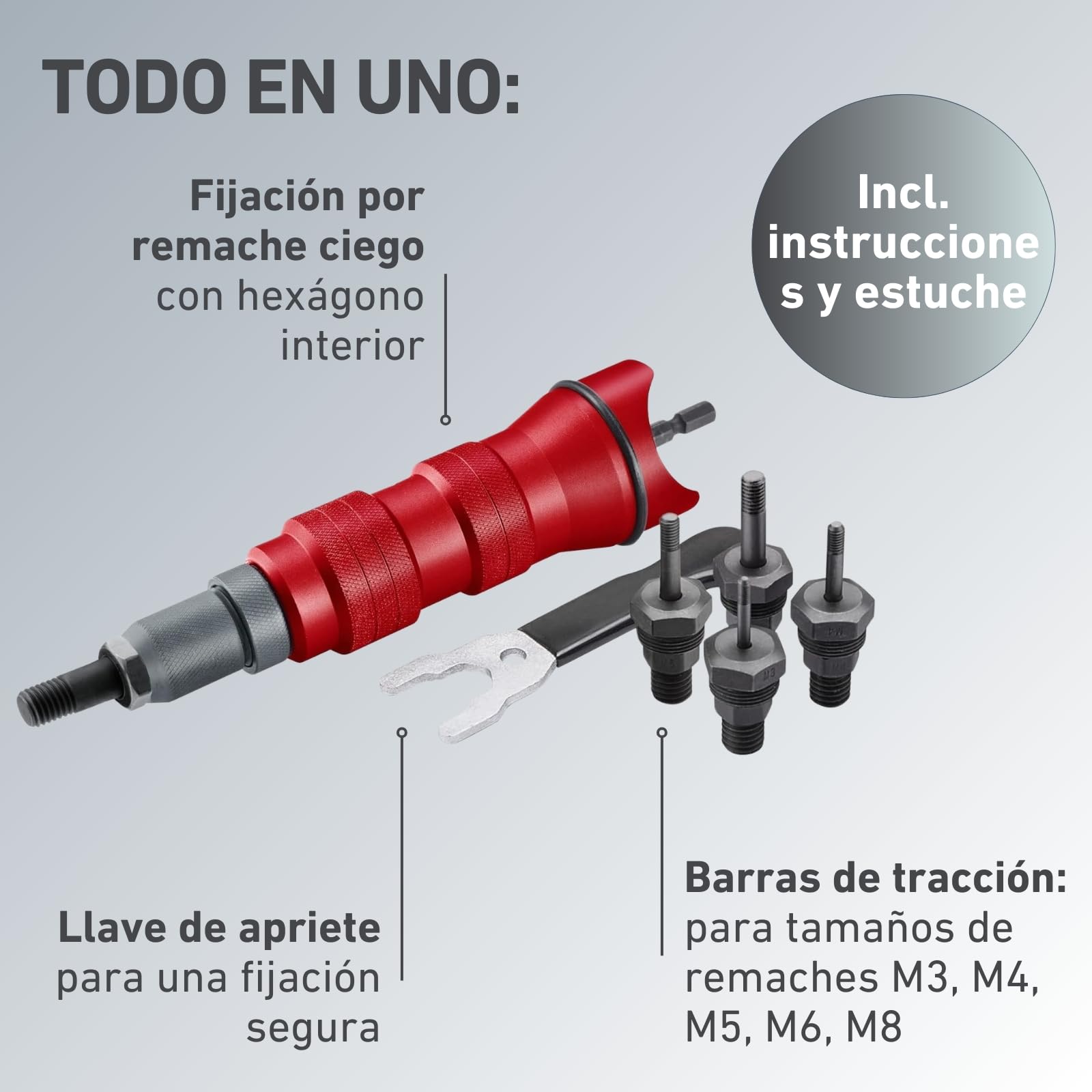 Adaptador de Tuerca Remachada para Taladro y Atornillador | Herramienta para Remachar Tuercas de Aluminio, Acero y Acero Inoxidable | Adaptador Tuercas de M3-M8 | Pistola de Remaches Adaptador