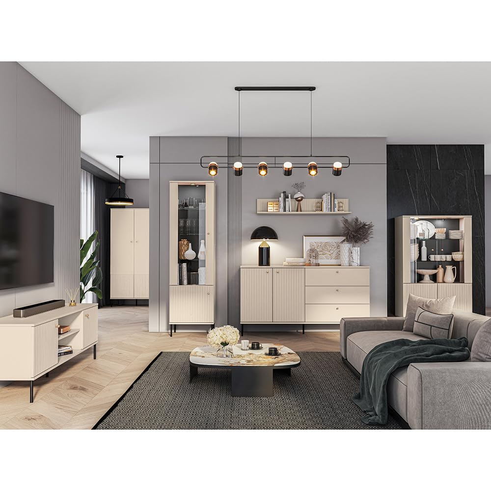 Lomadox Wohnzimmer Set in Kaschmir matt modern 6-teilig mit goldfarbenen Griffen, gerillter Optik, Softclose-Funktion mit TV-Board, Kleiderschrank, Vitrine, Wandboard, Sideboard, Vitrinenschrank