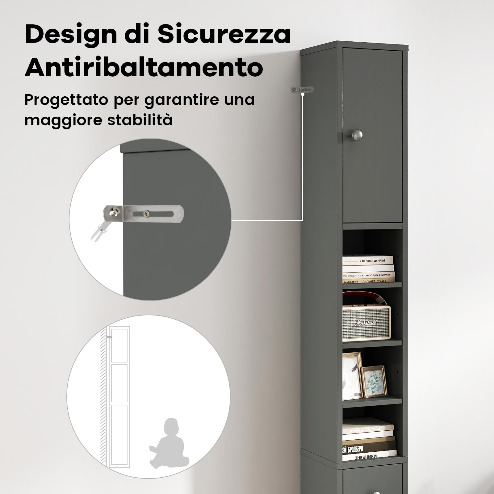 COSTWAY Mobile Bagno Alto Stretto, Mobiletto Colonna Salvaspazio con 1 Cassetto, 5 Ripiani Regolabili e Struttura Antiscivolo, Mobile a Terra per Ingresso, 20 x 20 x 180 cm (4 Ripiani, Grigio)