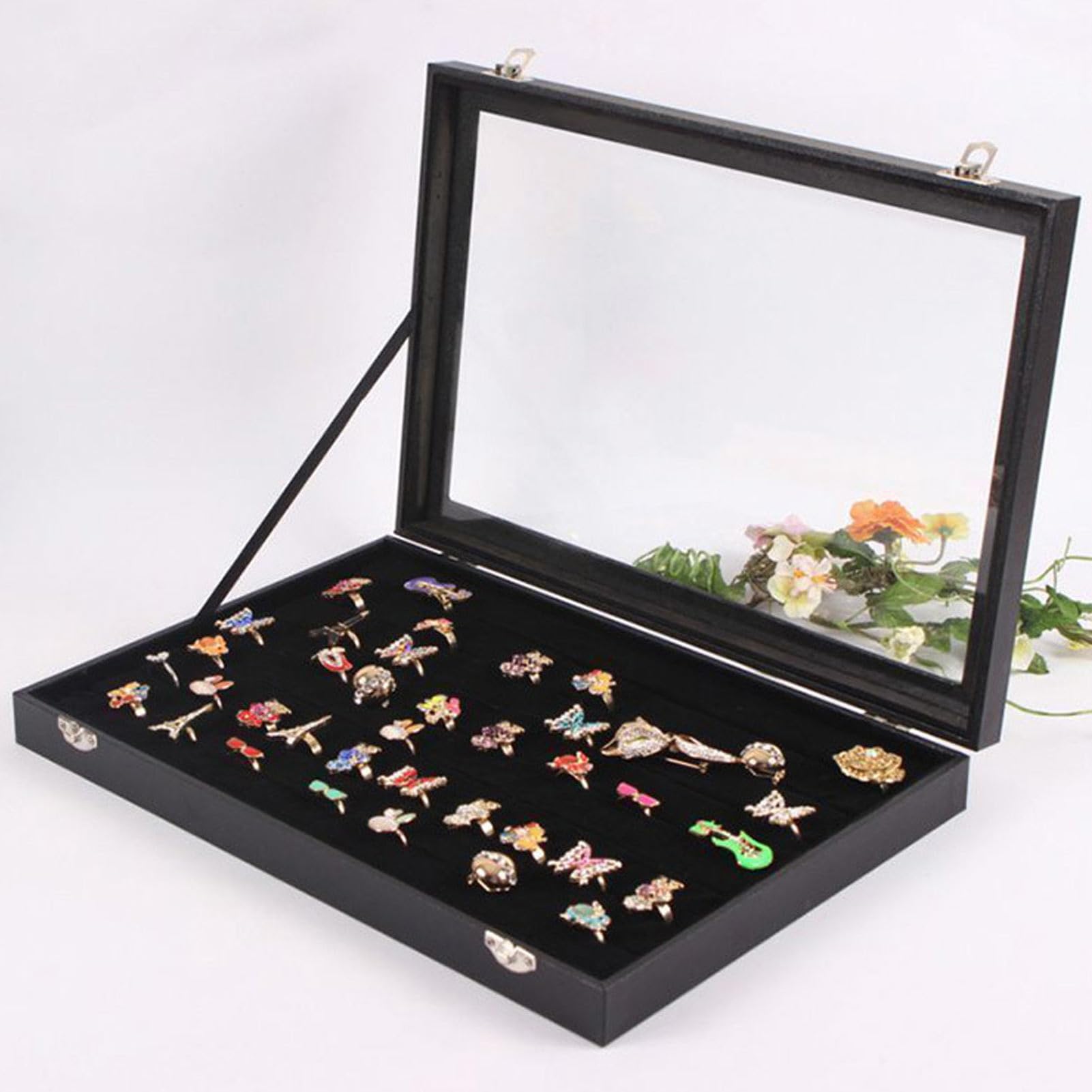 Caja de almacenamiento para anillos con 100 ranuras y tapa transparente, ideal para organizar pendientes, gemelos y joyería pequeña, diseño compacto y elegante