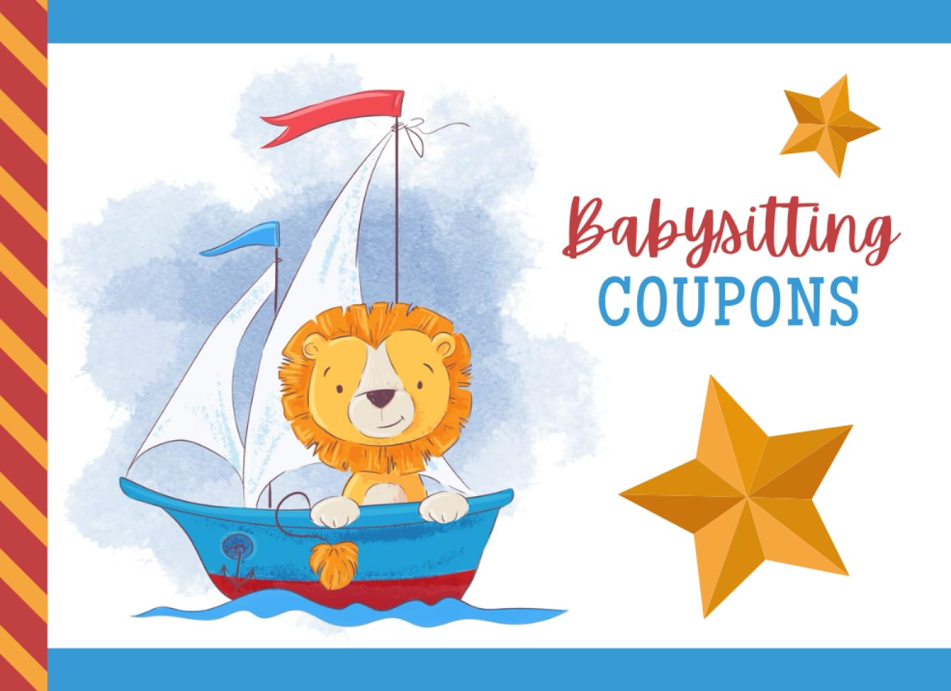 Babysitting Coupons: Cartoon Lion Cat on Blue Red Boat Theme / 50 Vouchers / Gift Book for Grandparents - Grandma - Grandpa - New Mom Baby Shower / Cute Card Alternative
