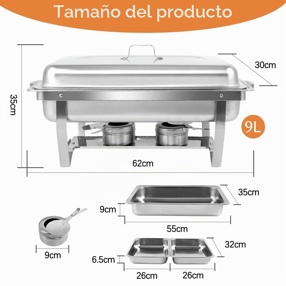 Calentador de Alimentos Bufé, Servidor de Calentador Buffet, Chafing Dish de Acero Inoxidable para Buffet con Pinzas y Cucharas para Fiestas, Catering, Banquetes (4 unidades, 8 x GN 1/2)