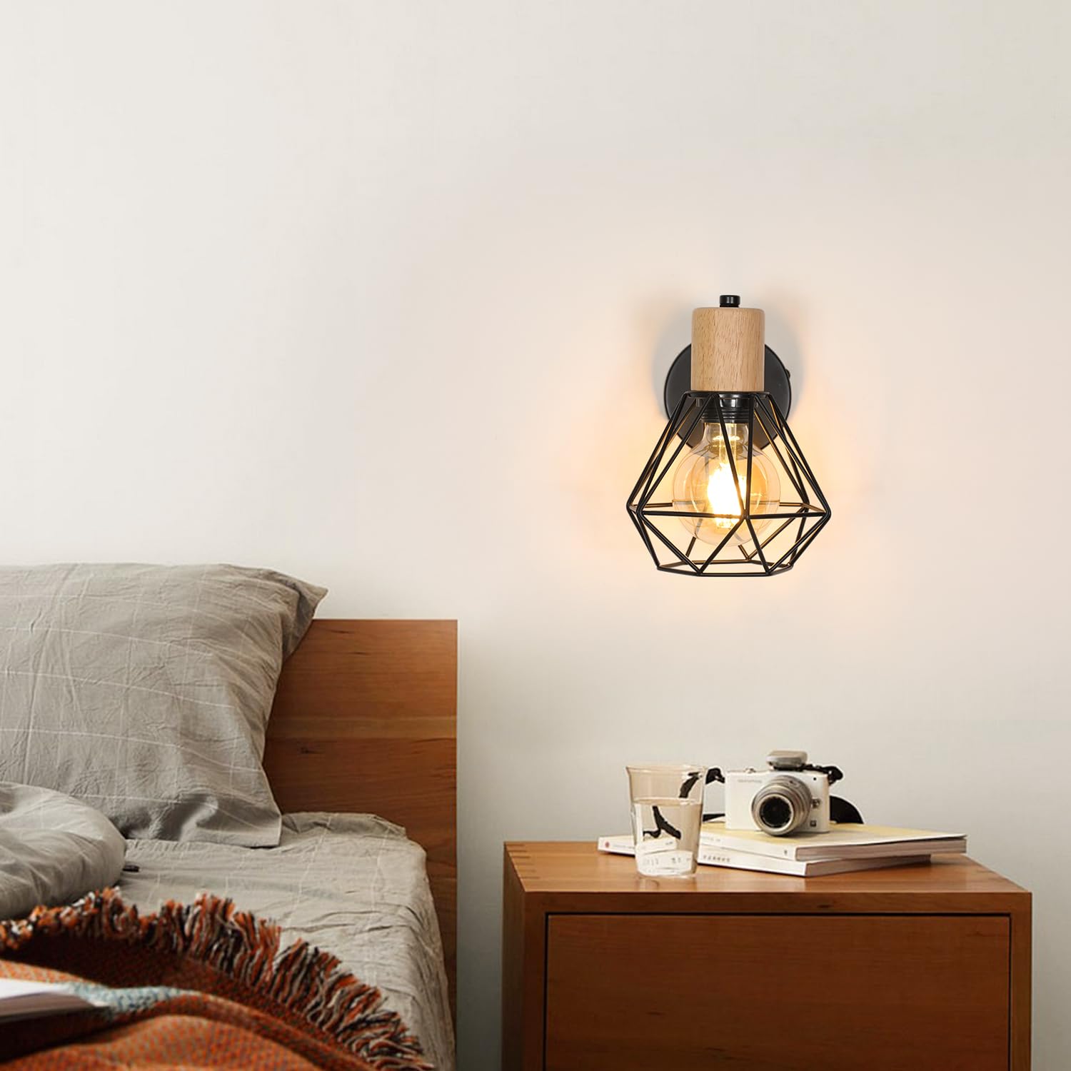Comely Lampada da Parete Vintage, E27 Applique da Parete in Metallo e Legno, Regolabile Lampada a Muro Retrò per Soggiorno, Cucina, Sala da Pranzo e Camera da Letto