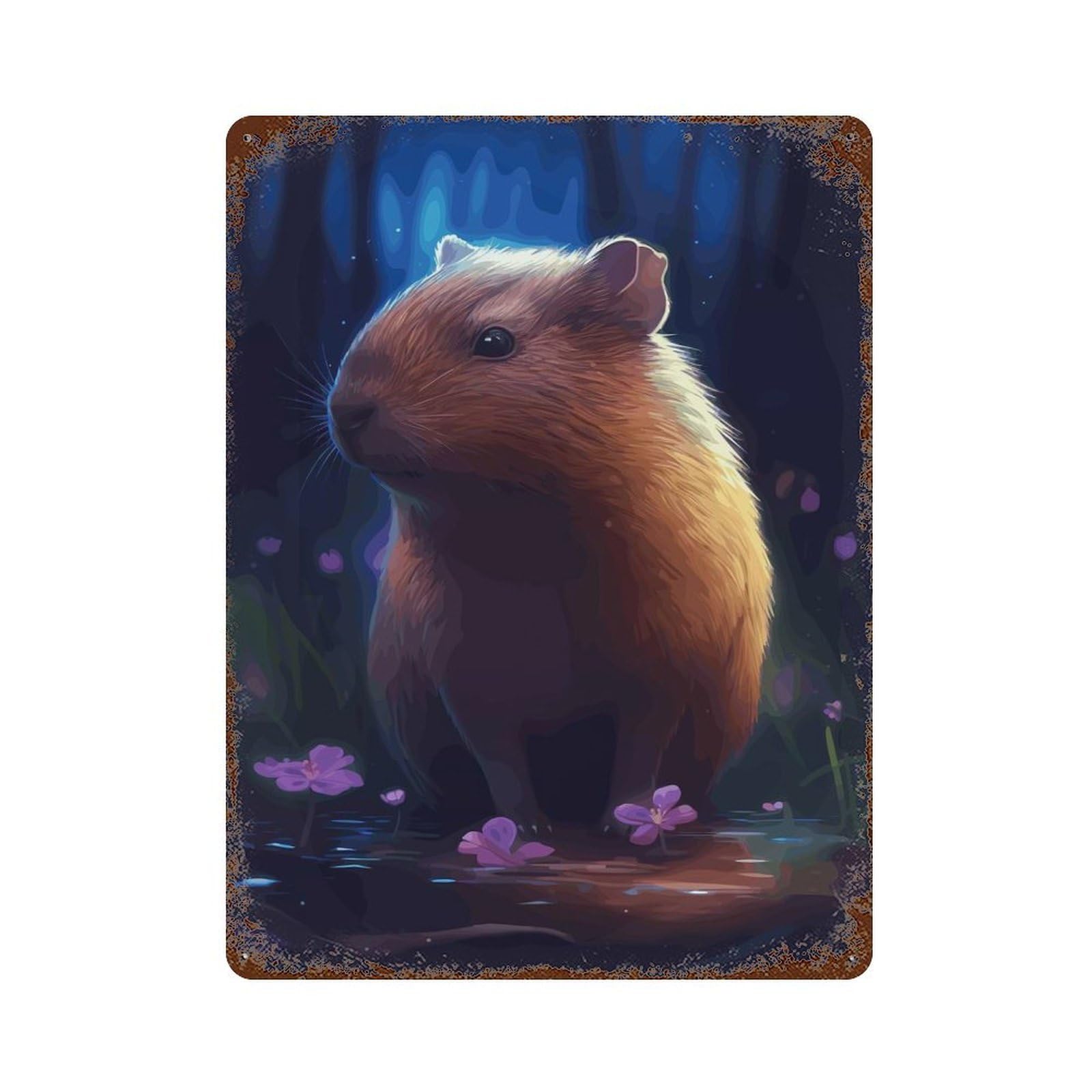 Garage Style Cute Capybara in Moonlight Weathered Tin Sign 15.7"x11.8", Classic Wall Plaque for Bar And Workshop