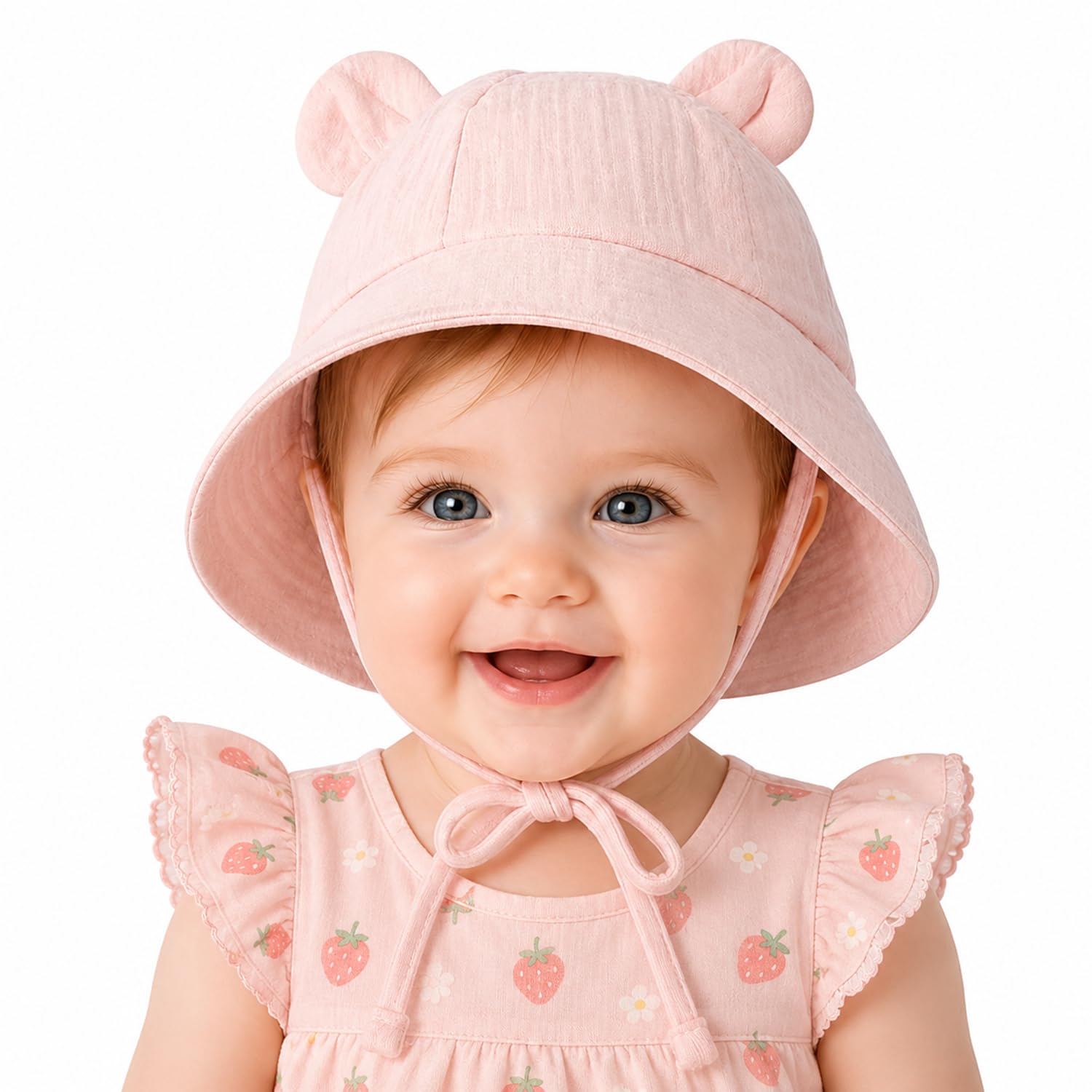 Cute Bunny Ears Sun Hat Cap for Baby Toddler Girls 0-2 Years, Soft Cotton Windproof Summer Cap for Baby Girl with Chin Strap, Pink Baby Bucket Hat for Outdoor Beach Travel-image-22
